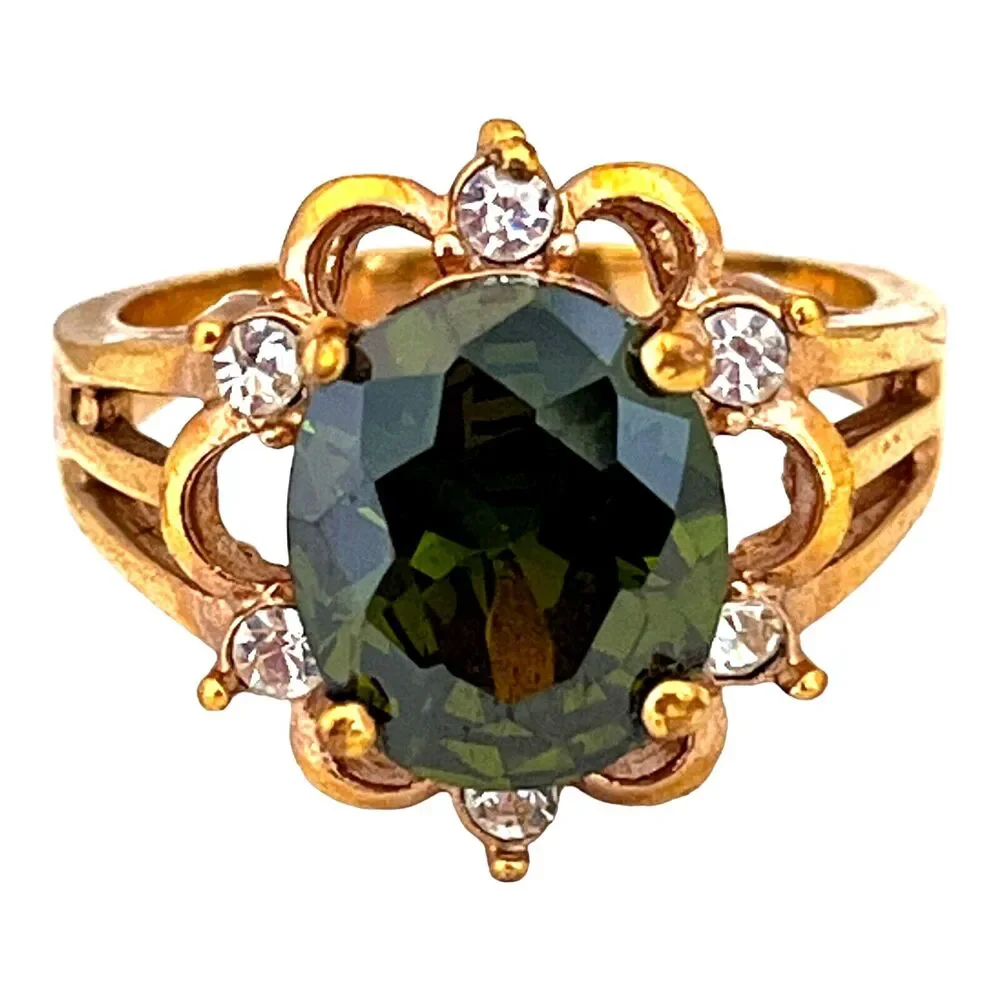 Vintage 1970s Green Glass Cocktail Ring Rhinestone Accent Gold Tone Size 9 - 5W